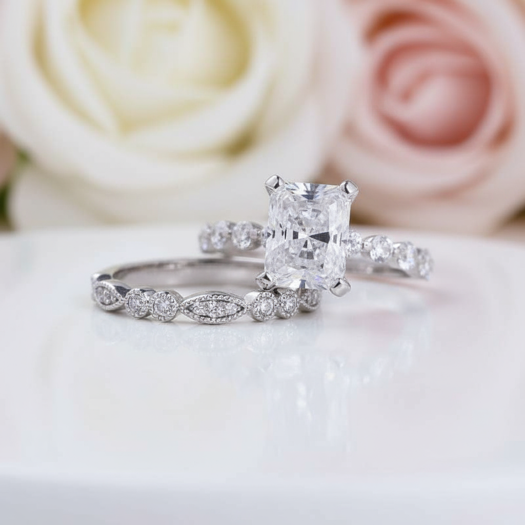 Vintage Art Deco Radiant Cut Wedding Ring Set-Black Diamonds New York