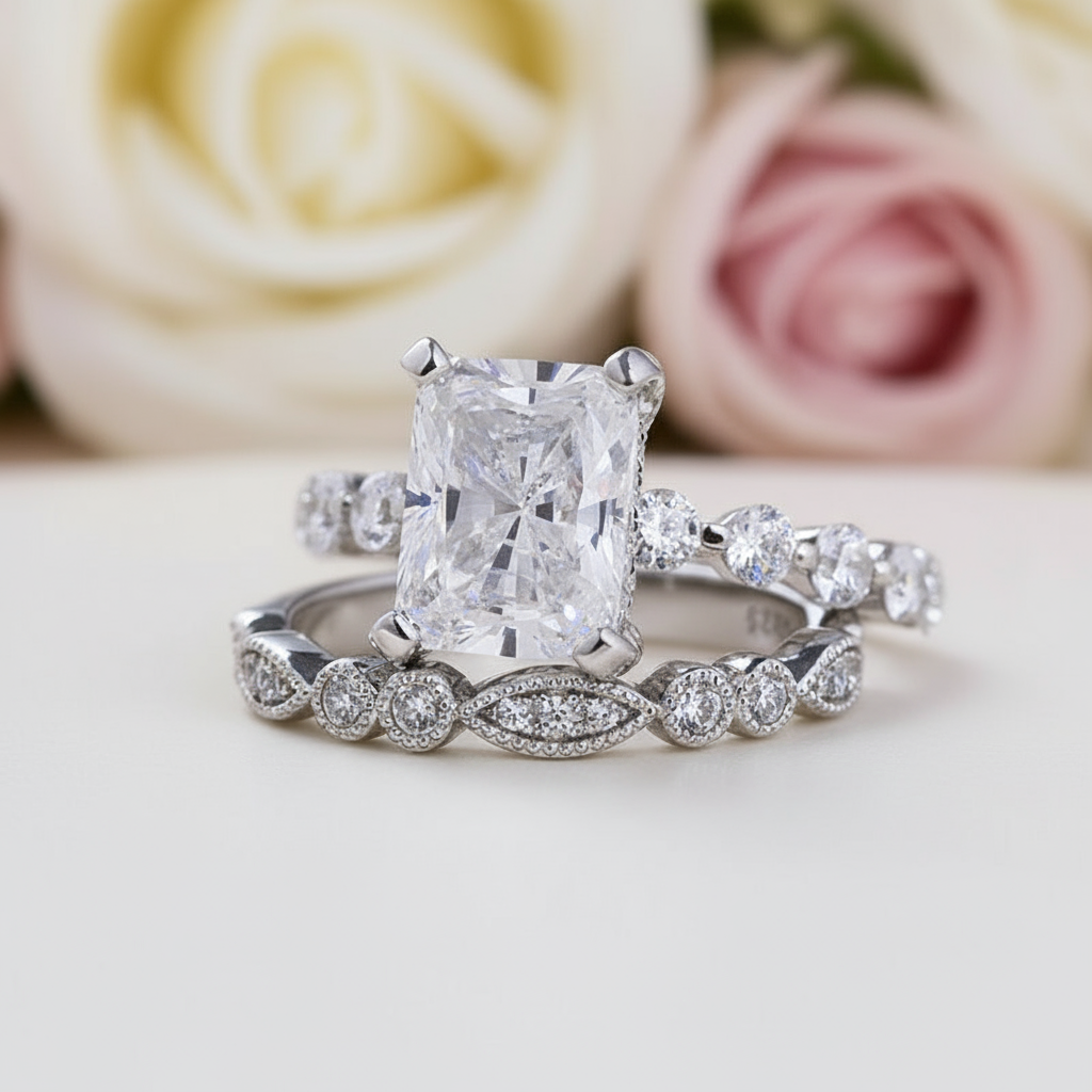 Vintage Art Deco Radiant Cut Wedding Ring Set-Black Diamonds New York