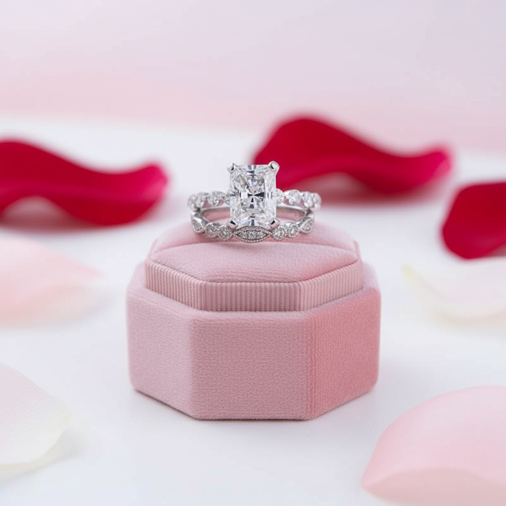 Vintage Art Deco Radiant Cut Wedding Ring Set-Black Diamonds New York