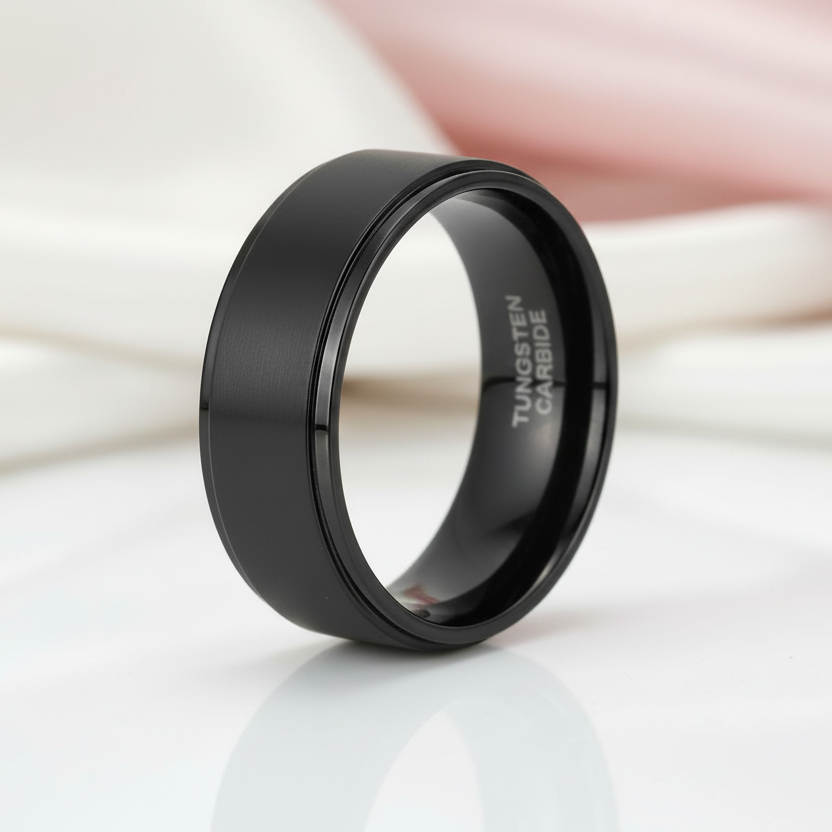 Vintage Black Brushed Tungsten Carbide Wedding Band-Black Diamonds New York