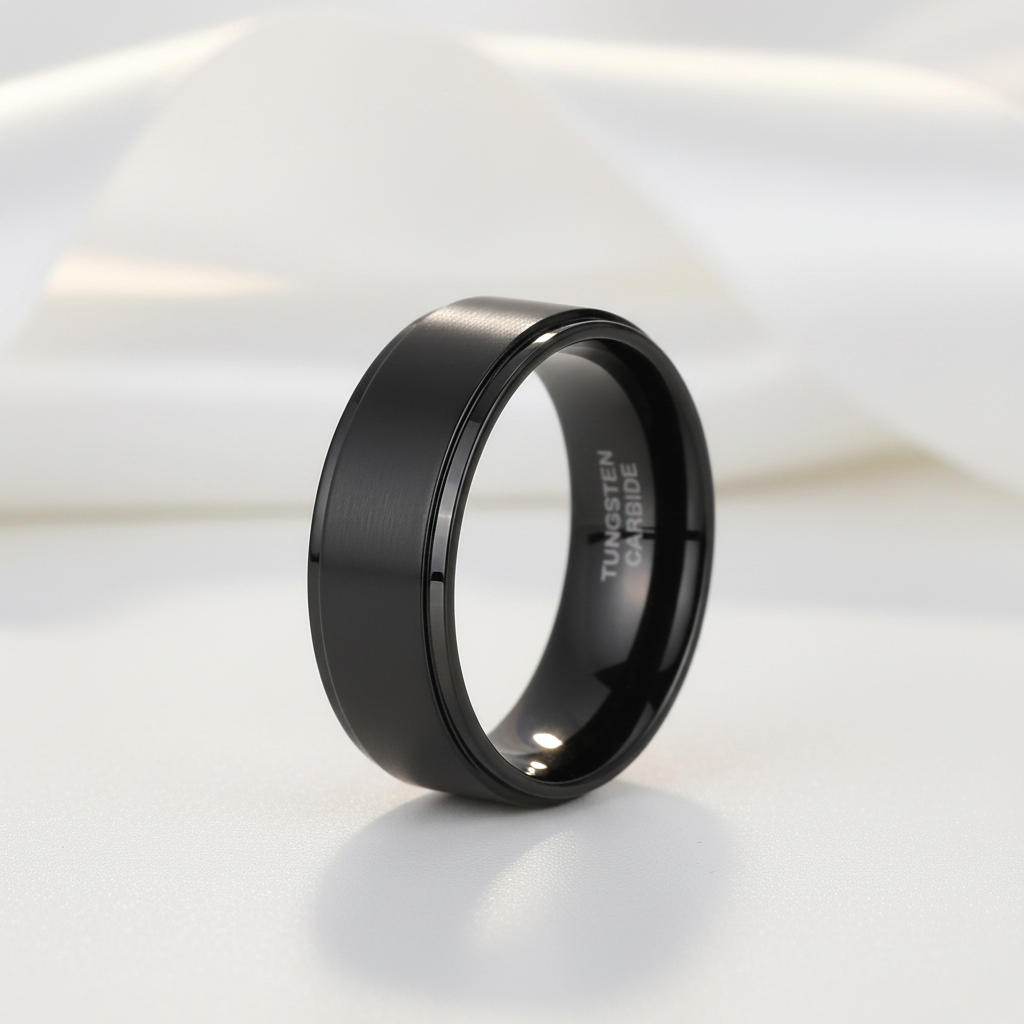 Vintage Black Brushed Tungsten Carbide Wedding Band-Black Diamonds New York