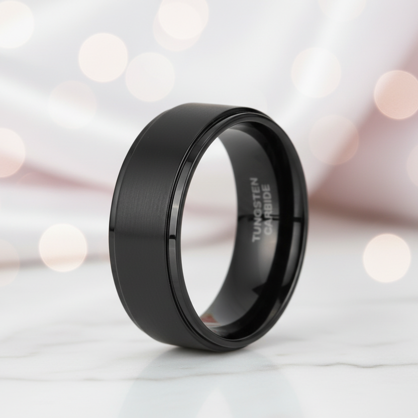 Vintage Black Brushed Tungsten Carbide Wedding Band-Black Diamonds New York