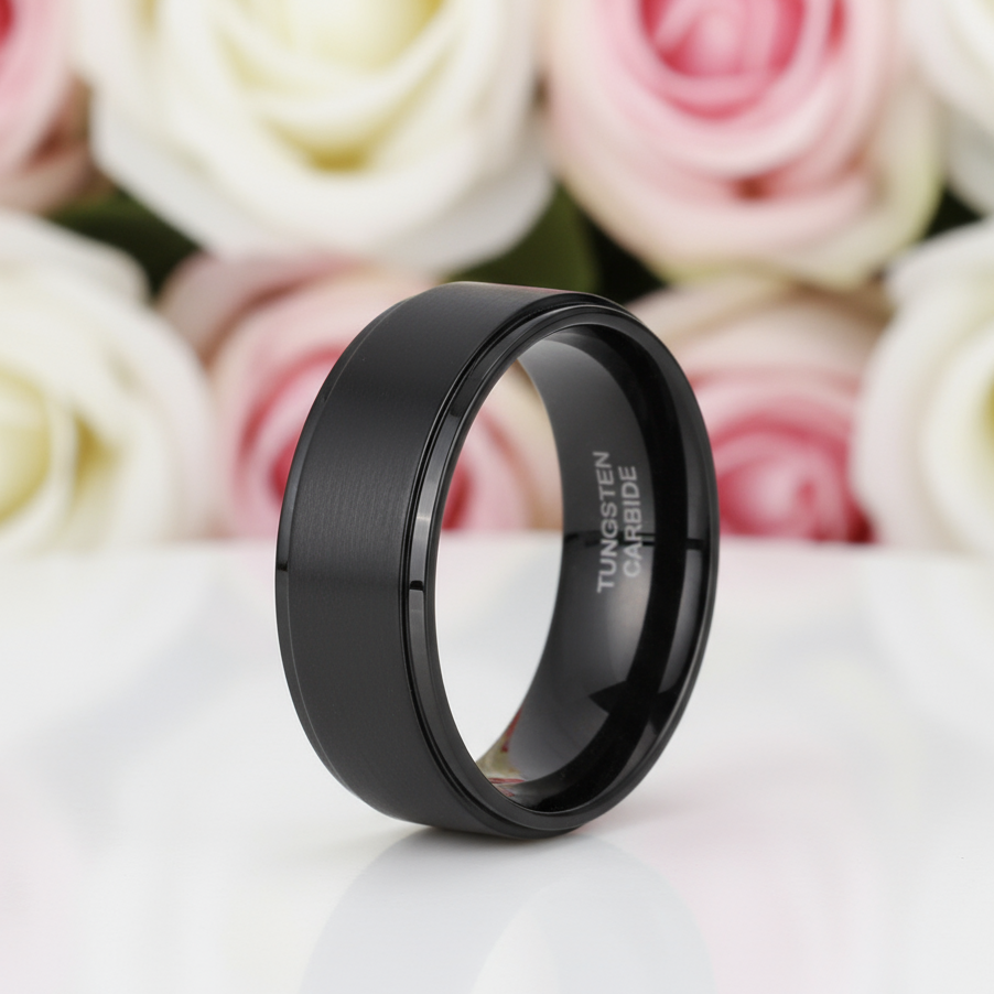 Vintage Black Brushed Tungsten Carbide Wedding Band-Black Diamonds New York