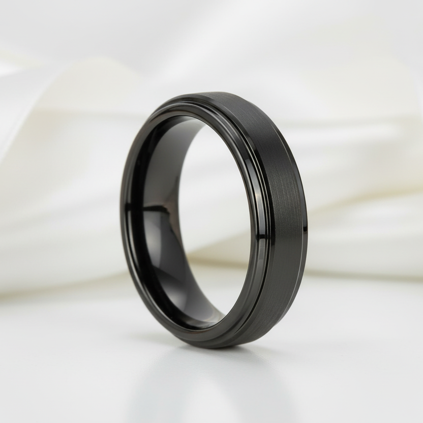 Vintage Black Brushed Tungsten Carbide Wedding Band-Black Diamonds New York