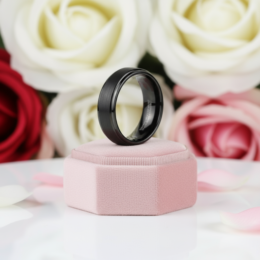 Vintage Black Brushed Tungsten Carbide Wedding Band-Black Diamonds New York