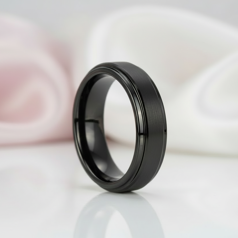 Vintage Black Brushed Tungsten Carbide Wedding Band-Black Diamonds New York