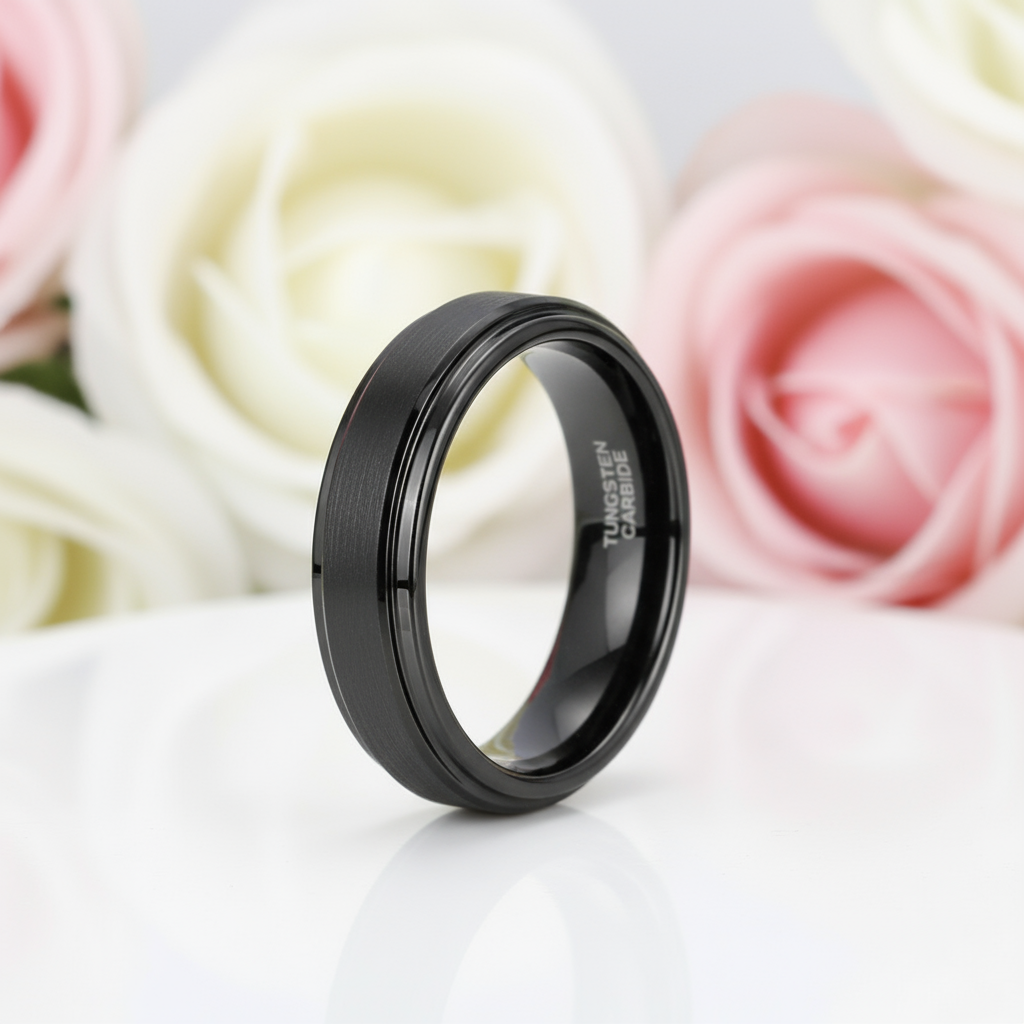 Vintage Black Brushed Tungsten Carbide Wedding Band-Black Diamonds New York