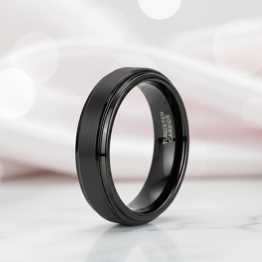 Vintage Black Brushed Tungsten Carbide Wedding Band-Black Diamonds New York