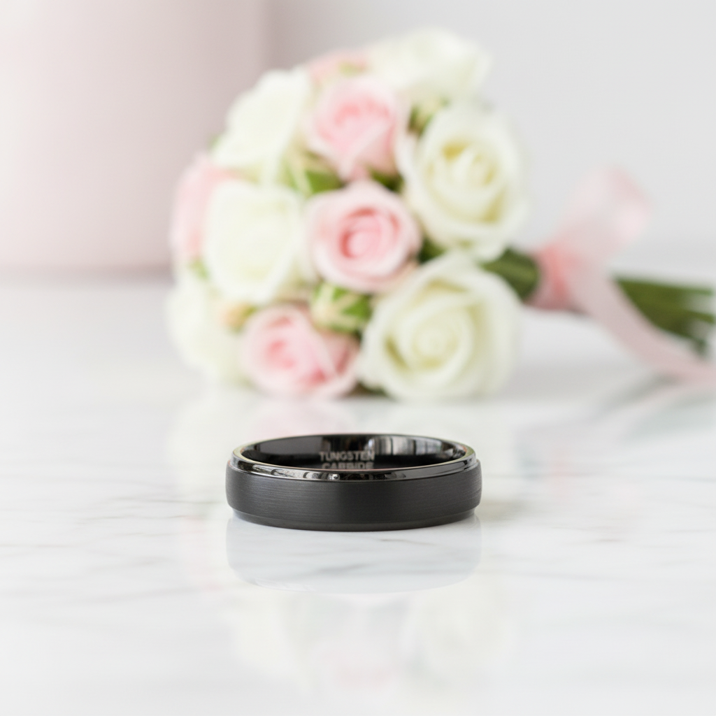 Vintage Black Brushed Tungsten Carbide Wedding Band-Black Diamonds New York
