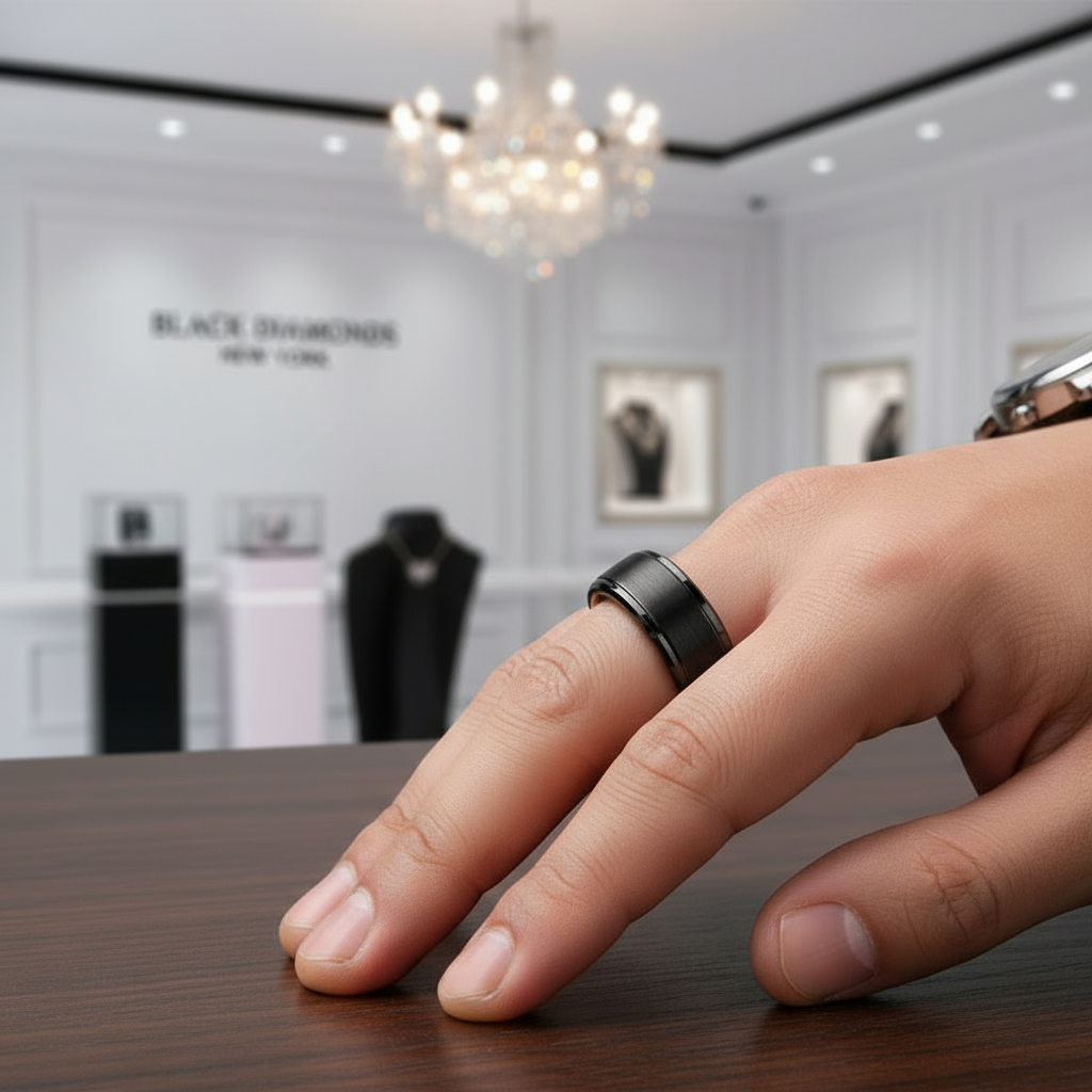 Vintage Black Tungsten Carbide Wedding Band-Black Diamonds New York