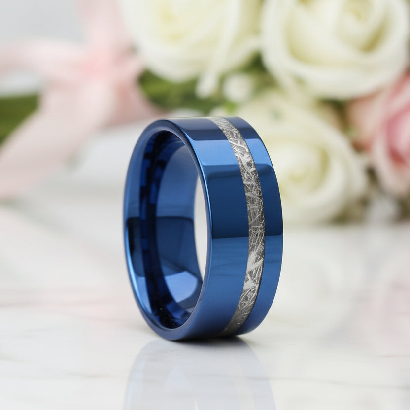 Vintage Blue Polished Unisex Wedding Band with Meteorite Inlay-Black Diamonds New York