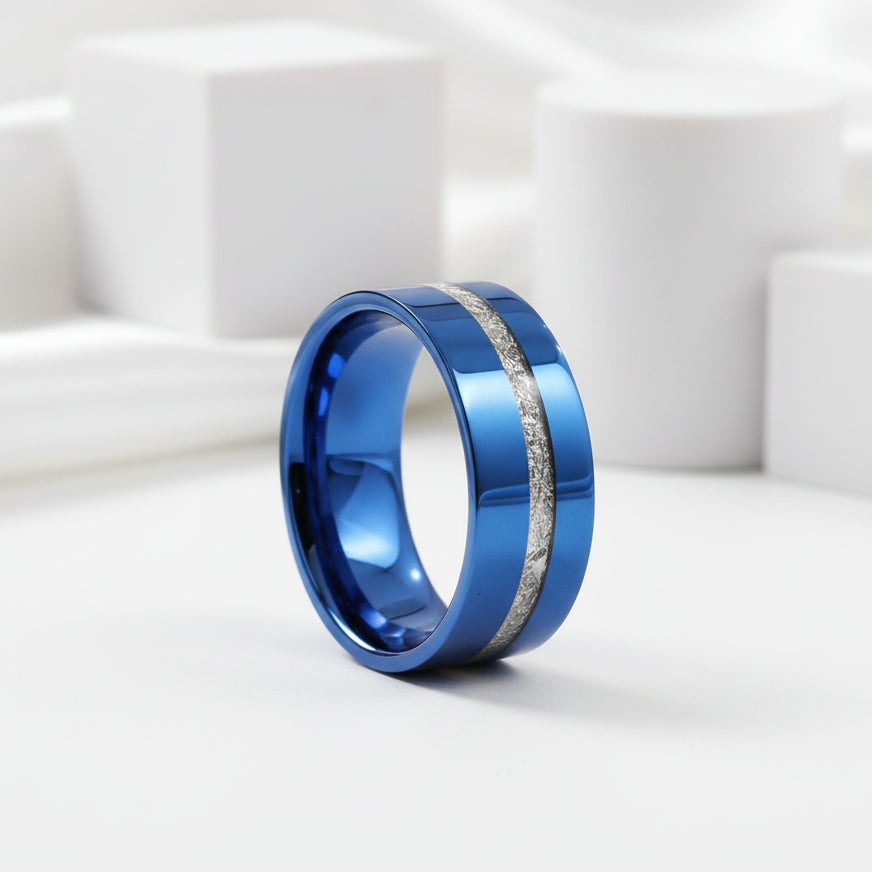 Vintage Blue Polished Unisex Wedding Band with Meteorite Inlay-Black Diamonds New York