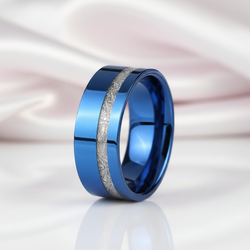 Vintage Blue Polished Unisex Wedding Band with Meteorite Inlay-Black Diamonds New York