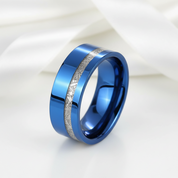 Vintage Blue Polished Unisex Wedding Band with Meteorite Inlay-Black Diamonds New York