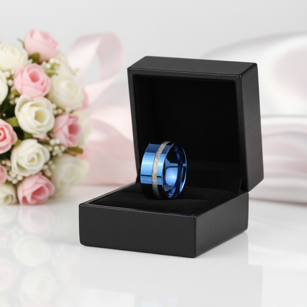 Vintage Blue Polished Unisex Wedding Band with Meteorite Inlay-Black Diamonds New York