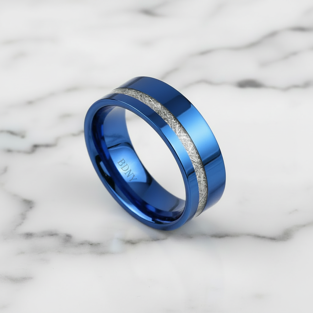 Vintage Blue Polished Unisex Wedding Band with Meteorite Inlay-Black Diamonds New York