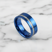 Vintage Blue Polished Unisex Wedding Band with Meteorite Inlay-Black Diamonds New York