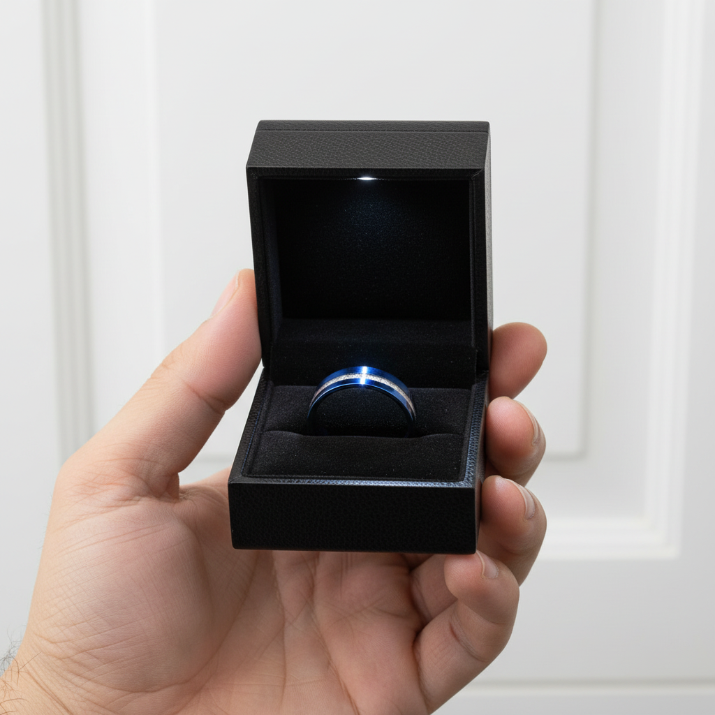 Vintage Blue Polished Unisex Wedding Band with Meteorite Inlay-Black Diamonds New York