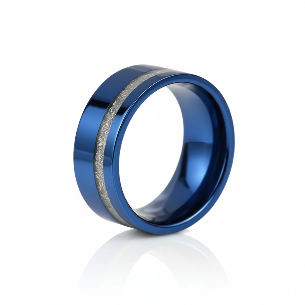 Vintage Blue Polished Unisex Wedding Band with Meteorite Inlay-Black Diamonds New York