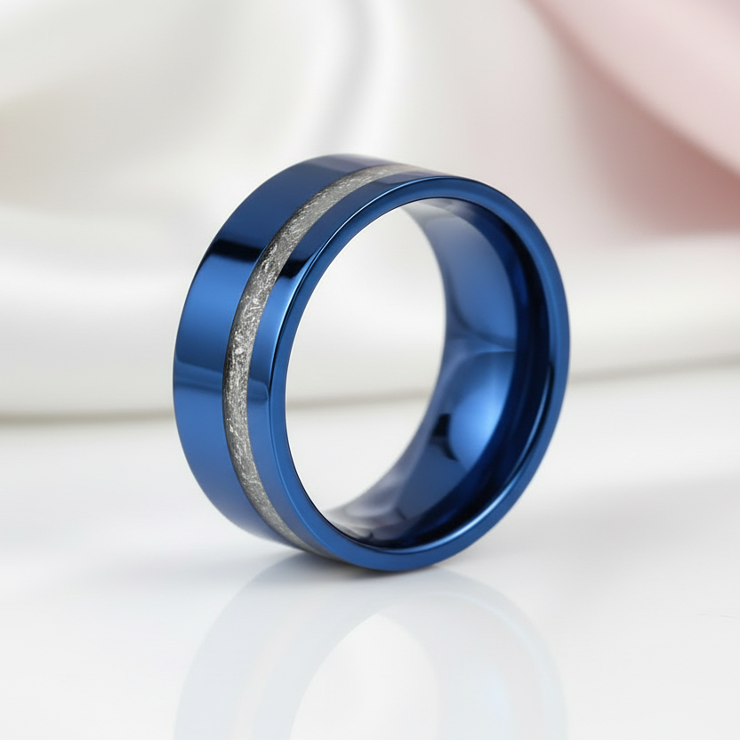 Vintage Blue Polished Unisex Wedding Band with Meteorite Inlay-Black Diamonds New York