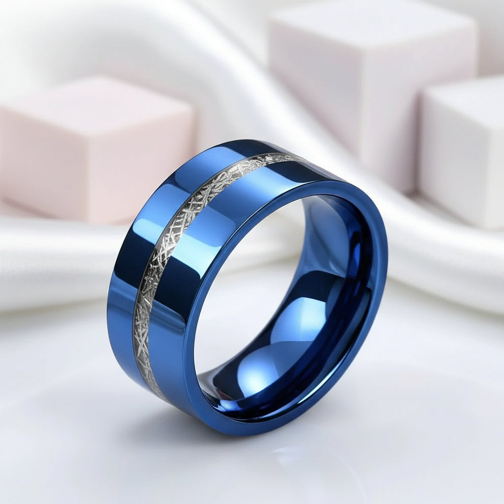 Vintage Blue Polished Unisex Wedding Band with Meteorite Inlay-Black Diamonds New York