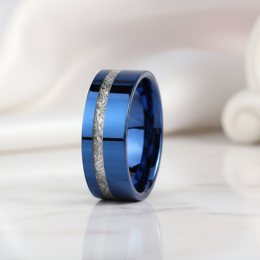 Vintage Blue Polished Unisex Wedding Band with Meteorite Inlay-Black Diamonds New York