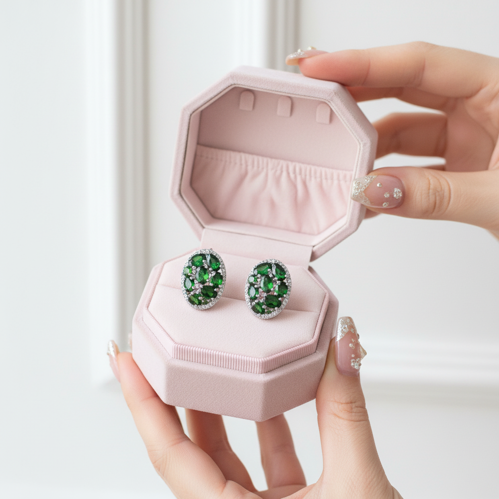 Vintage Earrings 6.86Ct Chrome Diopside Gemstone Stud Earrings-Black Diamonds New York