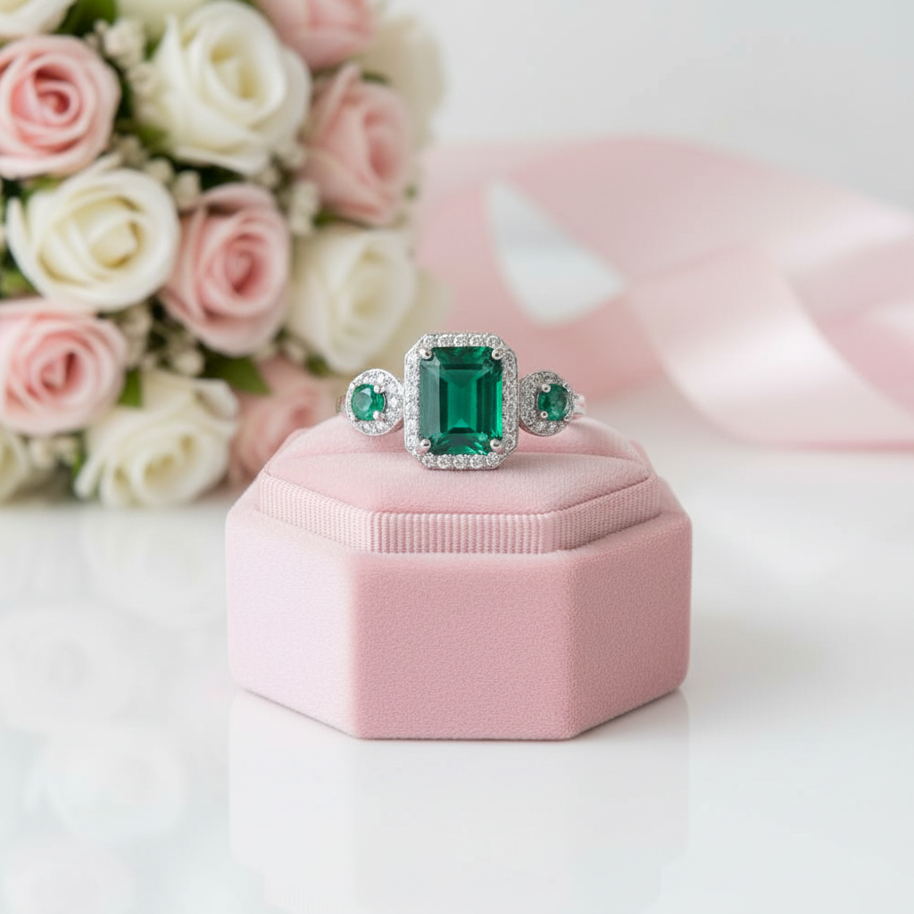 Vintage Emerald Cut Green Agate Gemstone Ring-Black Diamonds New York