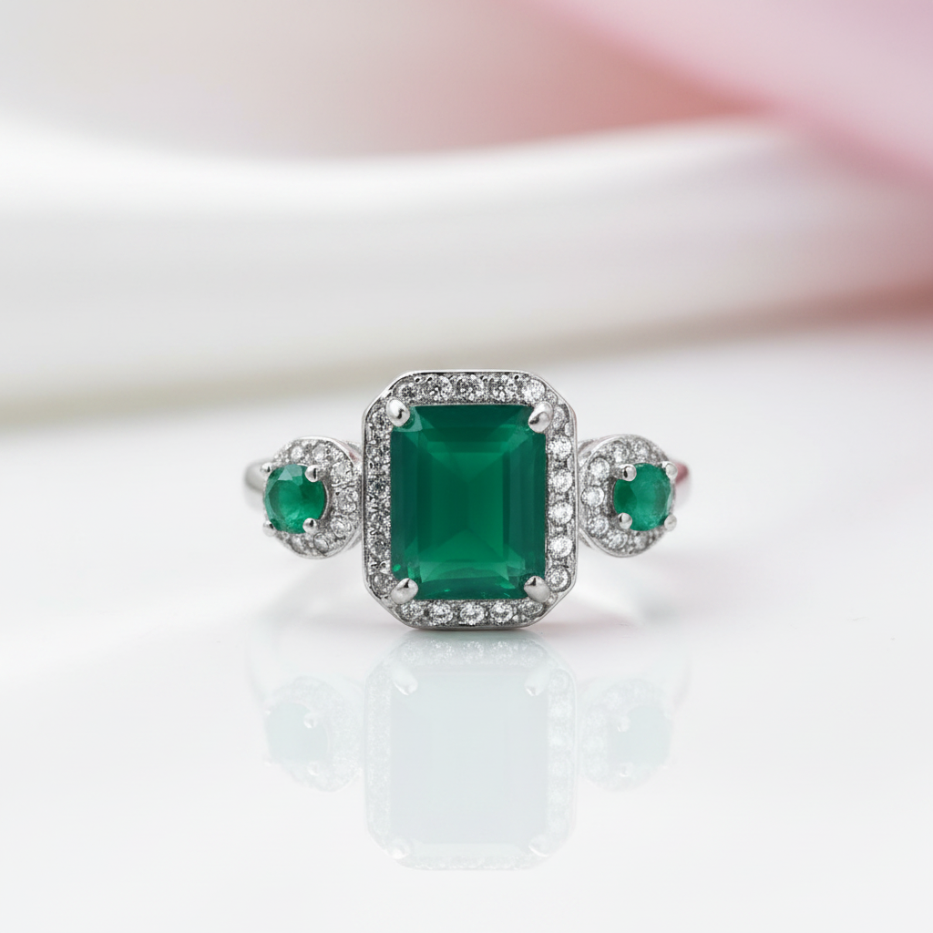 Vintage Emerald Cut Green Agate Gemstone Ring-Black Diamonds New York