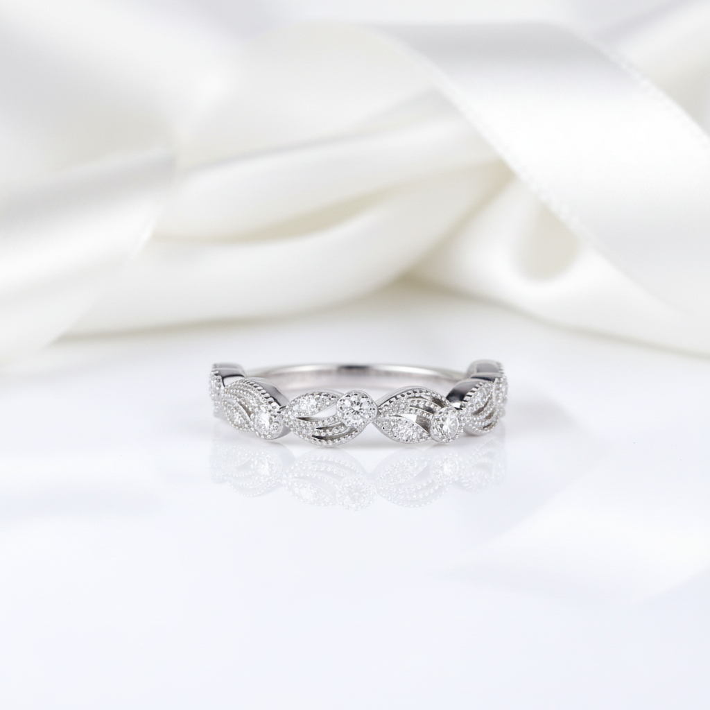 Vintage Leaf & Vine Art Deco Wedding Band-Black Diamonds New York