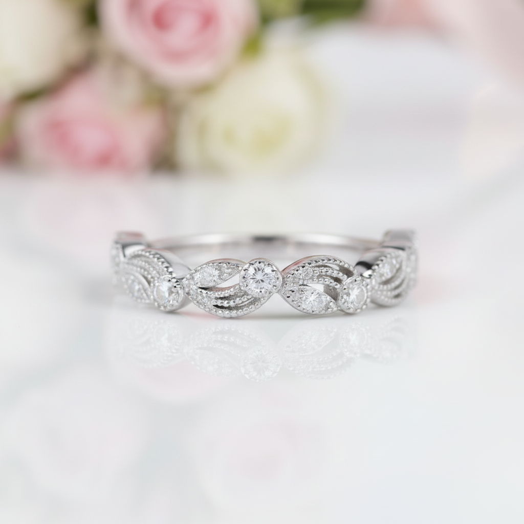 Vintage Leaf & Vine Art Deco Wedding Band-Black Diamonds New York