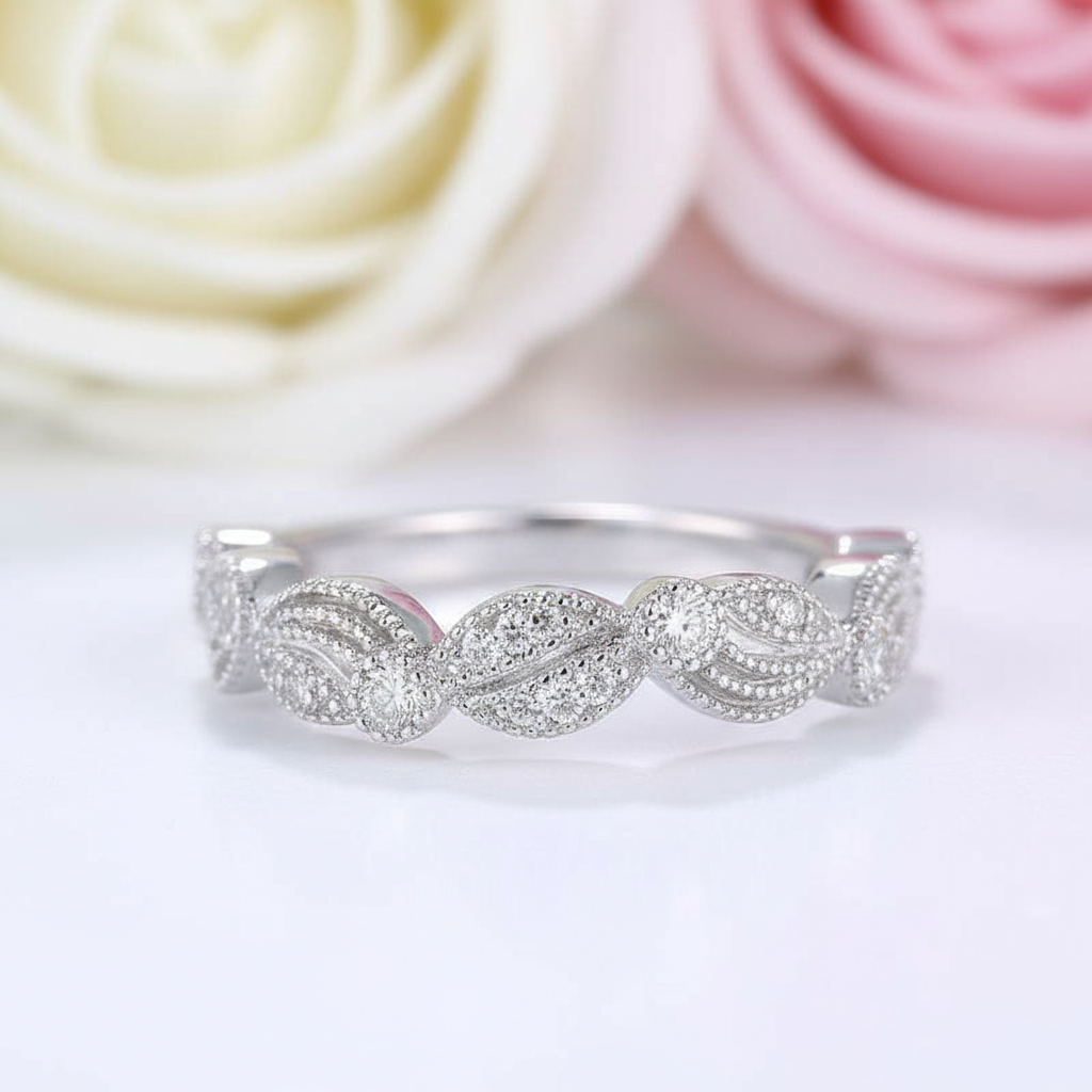 Vintage Leaf & Vine Art Deco Wedding Band-Black Diamonds New York