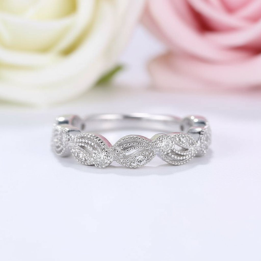 Vintage Leaf & Vine Art Deco Wedding Band-Black Diamonds New York