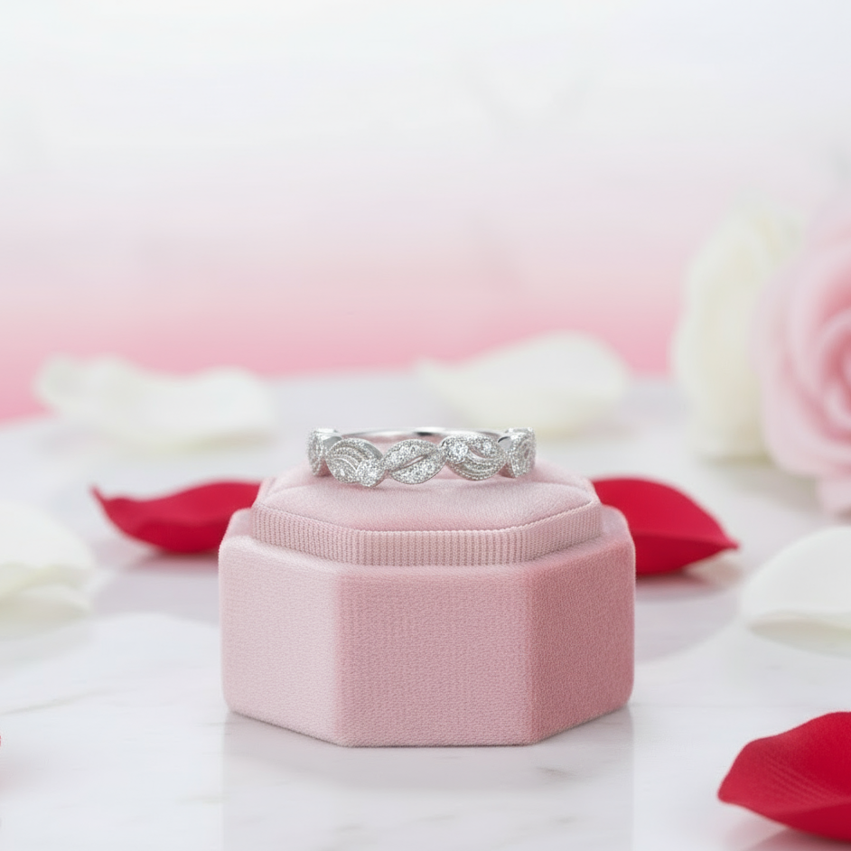 Vintage Leaf & Vine Art Deco Wedding Band-Black Diamonds New York