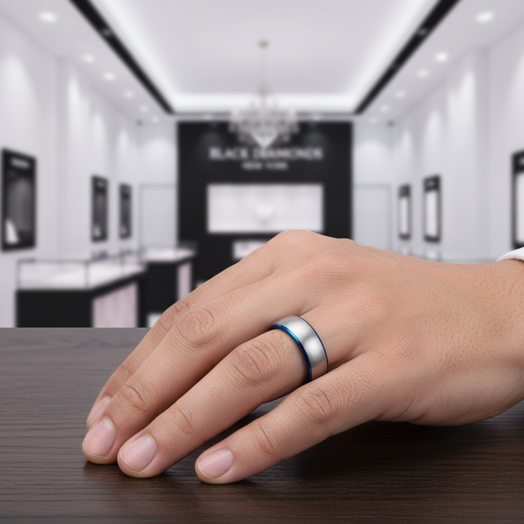 Vintage Matte Titanium Men's Wedding Band-Black Diamonds New York