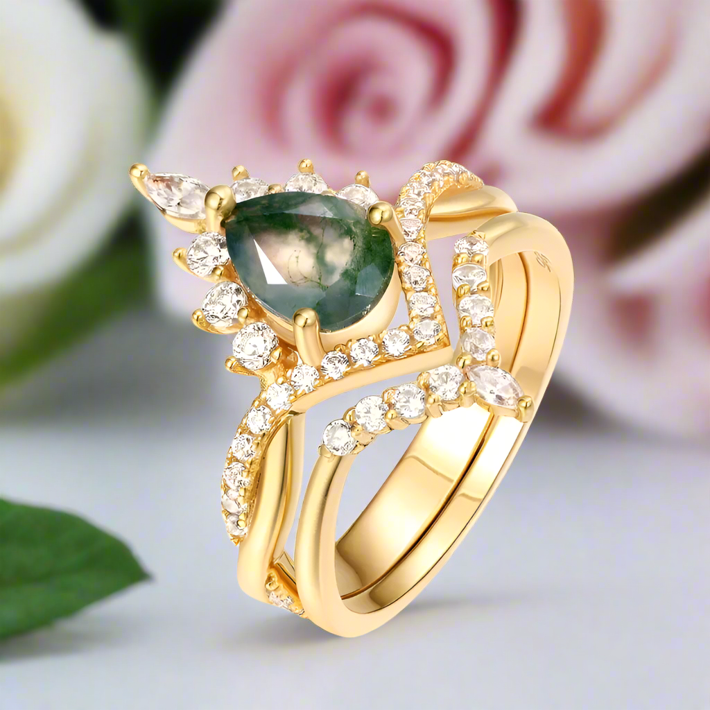 Vintage Pear cut Natural Moss Agate Wedding Ring-Black Diamonds New York