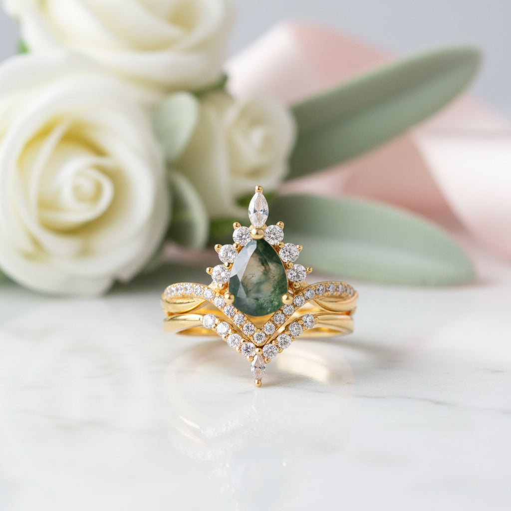 Vintage Pear cut Natural Moss Agate Wedding Ring-Black Diamonds New York