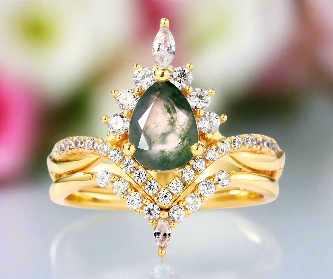 Vintage Pear cut Natural Moss Agate Wedding Ring-Black Diamonds New York