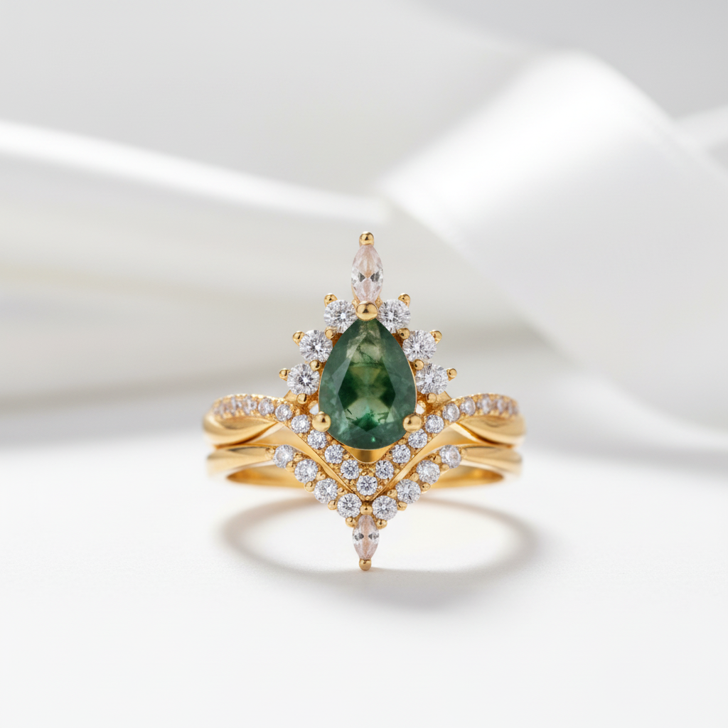 Vintage Pear cut Natural Moss Agate Wedding Ring-Black Diamonds New York