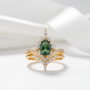 Vintage Pear cut Natural Moss Agate Wedding Ring-Black Diamonds New York