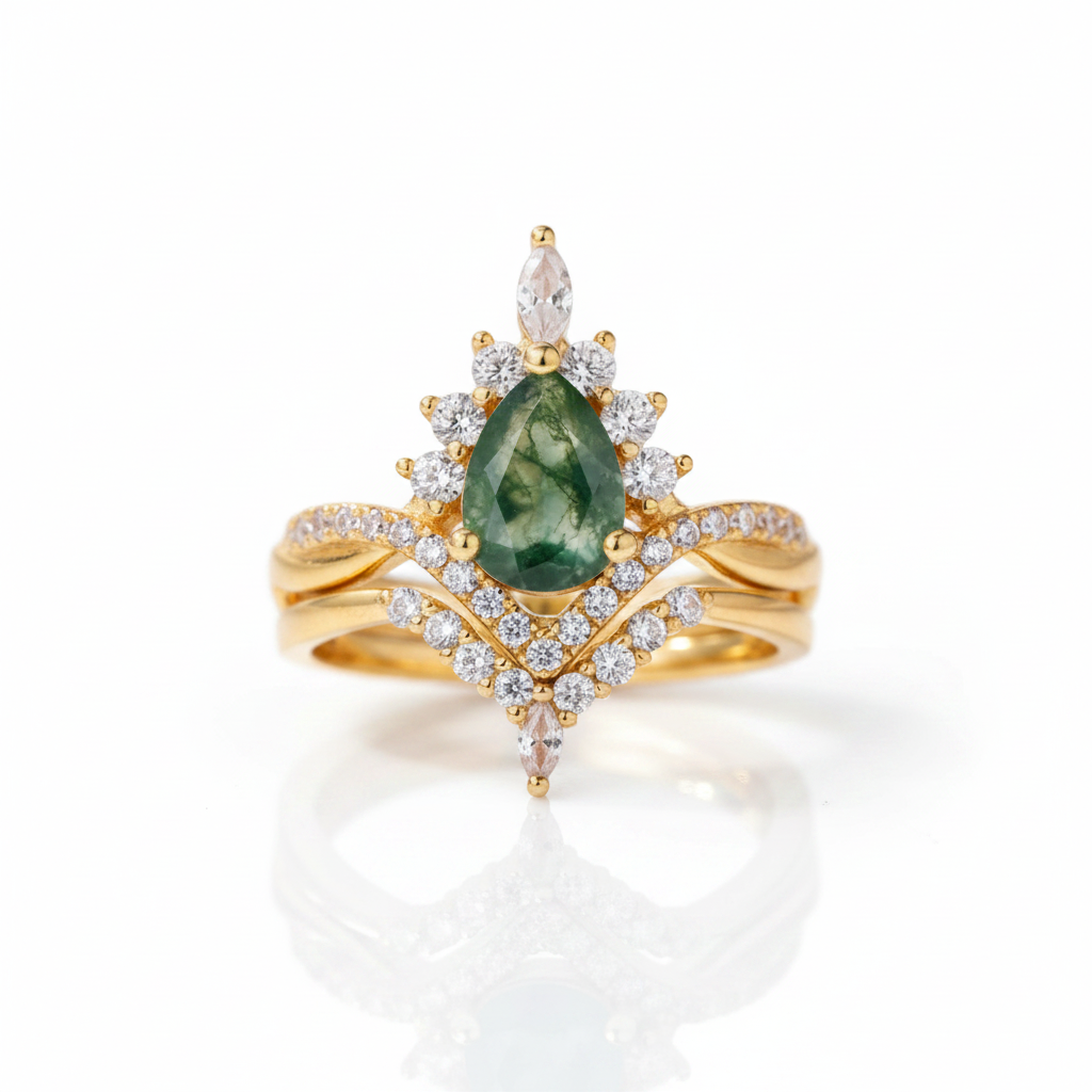 Vintage Pear cut Natural Moss Agate Wedding Ring-Black Diamonds New York