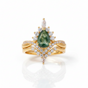 Vintage Pear cut Natural Moss Agate Wedding Ring-Black Diamonds New York