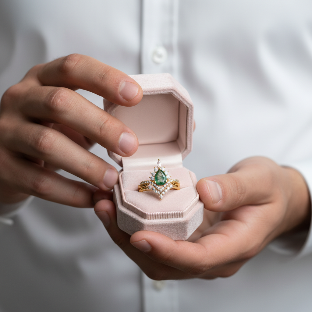 Vintage Pear cut Natural Moss Agate Wedding Ring-Black Diamonds New York