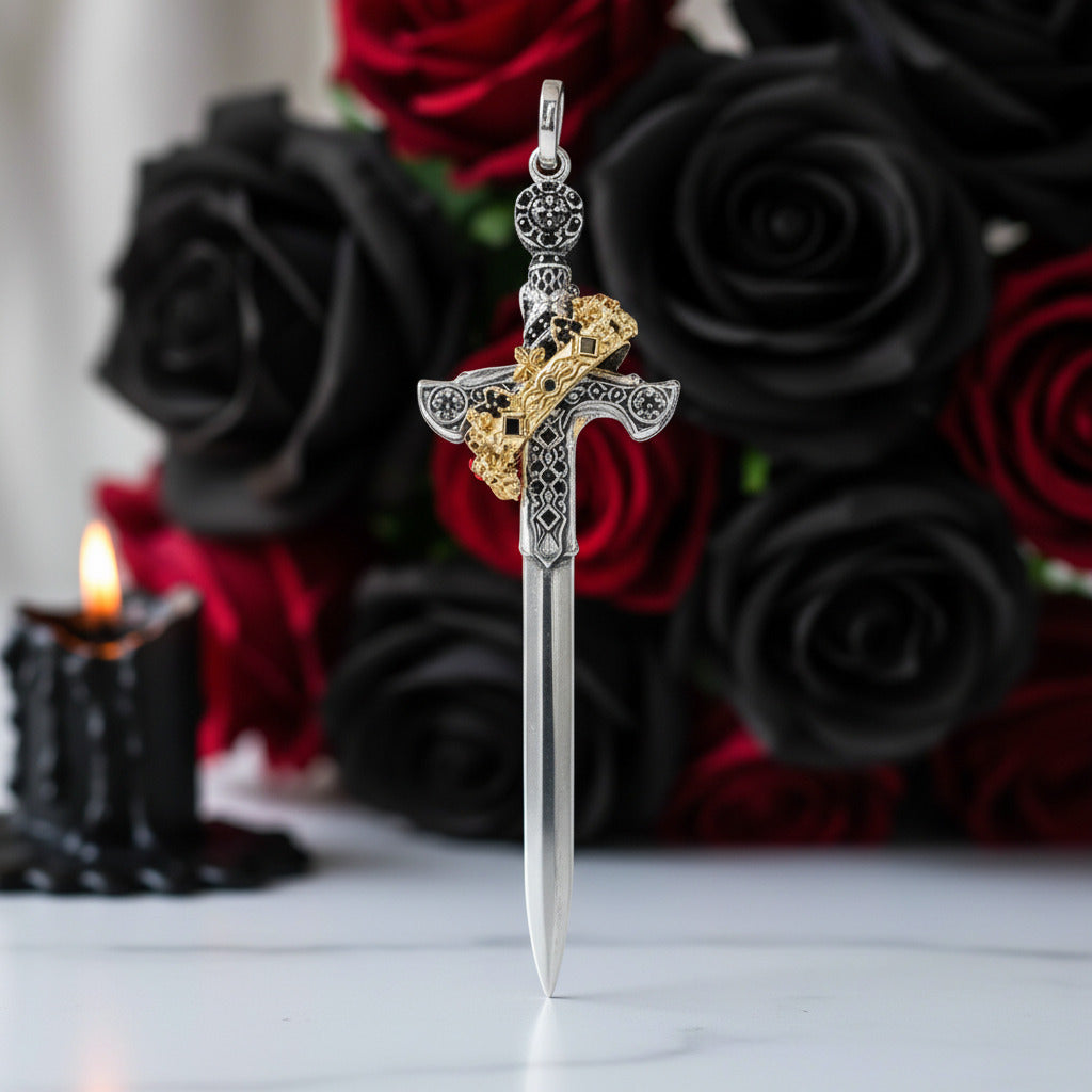 Vintage Punk Sword & Crown Pendant-Black Diamonds New York