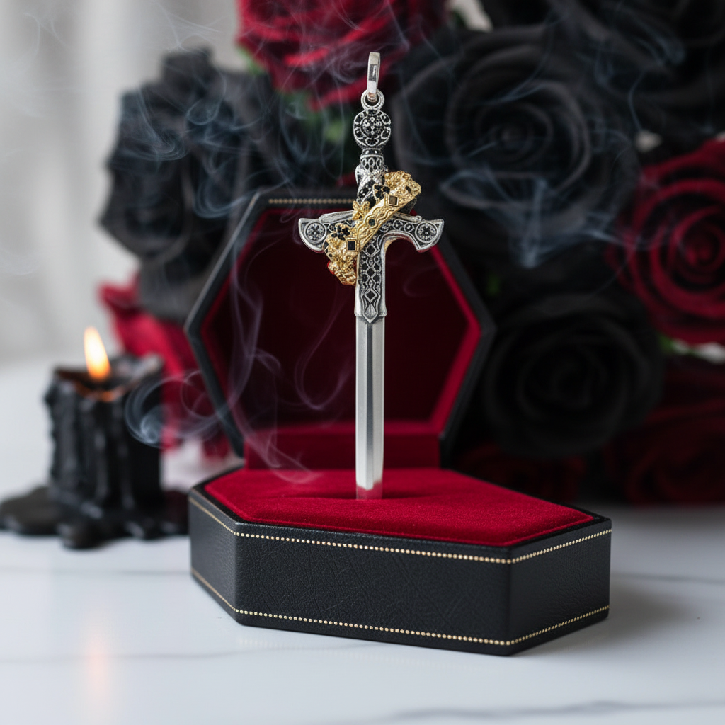 Vintage Punk Sword & Crown Pendant-Black Diamonds New York