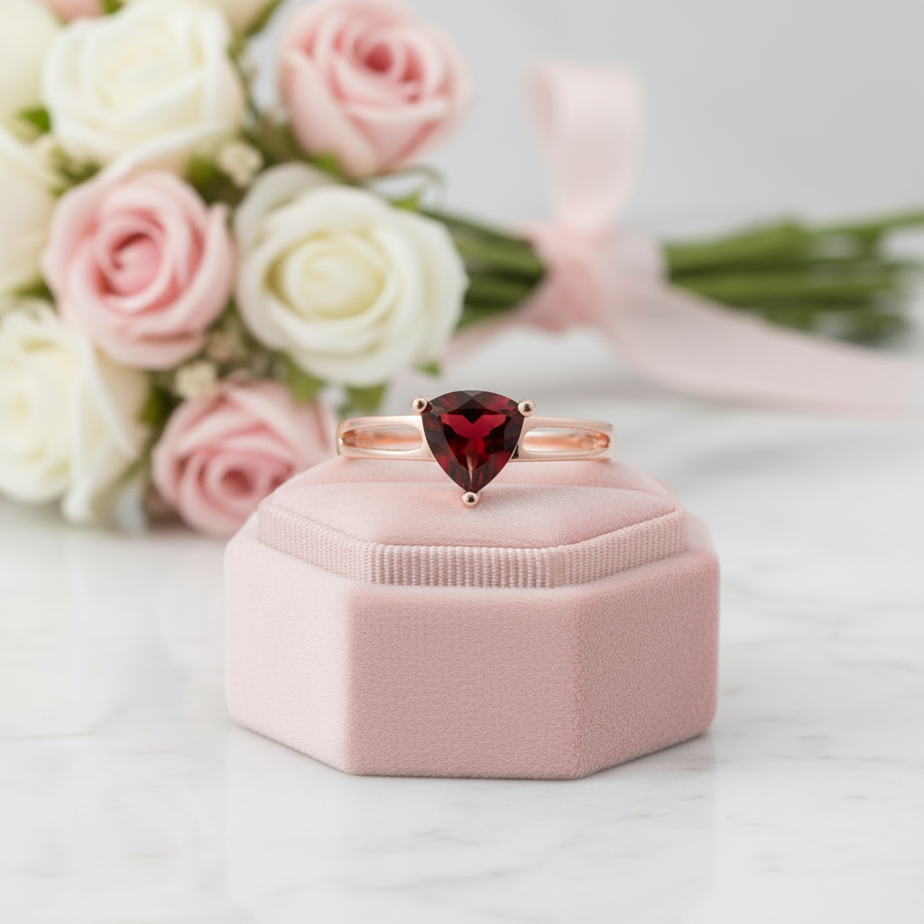 Vintage Red Garnet Genuine Stone Rose Gold Ring-Black Diamonds New York