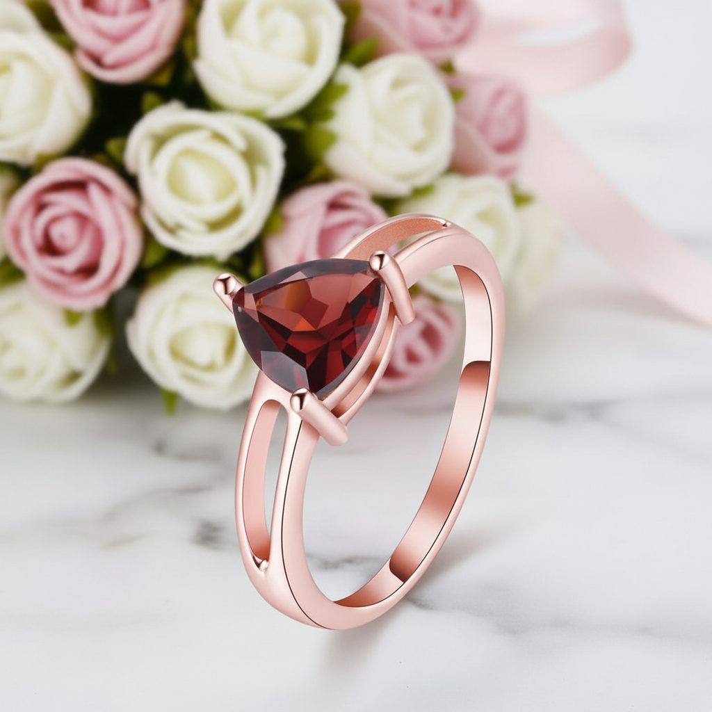 Vintage Red Garnet Genuine Stone Rose Gold Ring-Black Diamonds New York