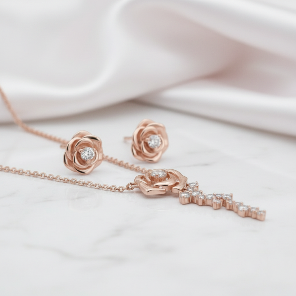 Vintage Rose Diamond Pendant Necklace & Earrings-Black Diamonds New York