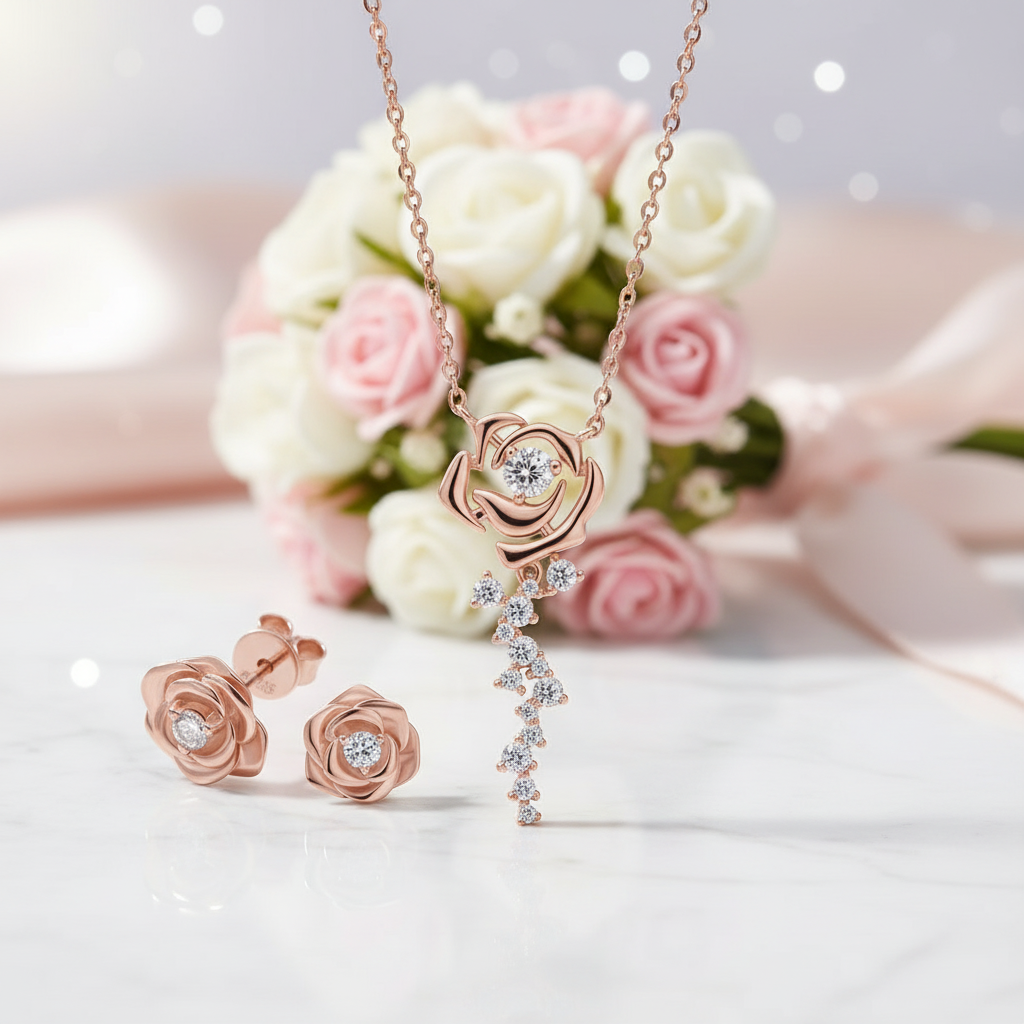 Vintage Rose Diamond Pendant Necklace & Earrings-Black Diamonds New York