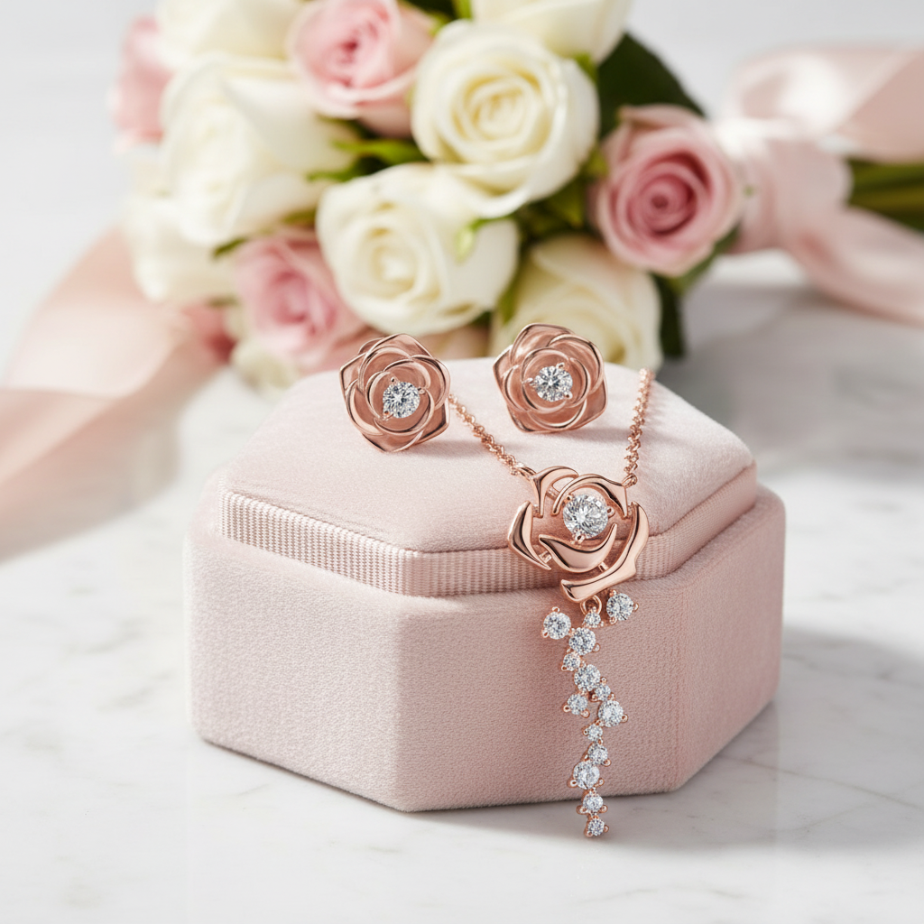 Vintage Rose Diamond Pendant Necklace & Earrings-Black Diamonds New York